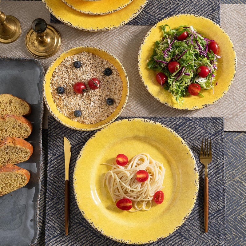 ZAROCRUS 12Piece Rustic Melamine Dinnerware Set With Dinner Plate Salad Plate And Large Capacity All Purpose BowlsService for 4 Indoor And Outdoor Use Yellow - Image 2