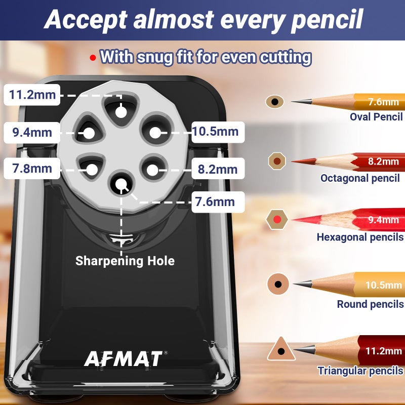 AFMAT Electric Pencil Sharpener Heavy Duty, 6 Holes, Auto Stop Pencil Sharpeners for Classroom, Electric Sharpener for 6-11mm Colored Pencils, 7000 Sharpenings, Fast Sharpen, Save Pencils PSX1 - Image 2