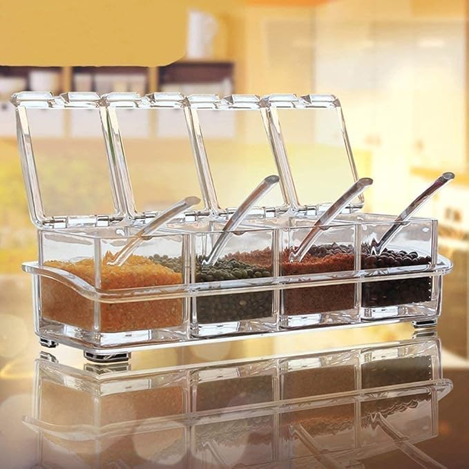 GOVINDGOPAL Crystal Seasoning Acrylic Pepper Salt Spice Rack Plastic 4 Box With Spoons Kitchen Storage Containers Cooking Tools Unbreakable Dining Table Kitchen Storage Of SpicesPickleTransparent - Image 4