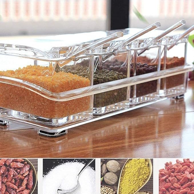 GOVINDGOPAL Crystal Seasoning Acrylic Pepper Salt Spice Rack Plastic 4 Box With Spoons Kitchen Storage Containers Cooking Tools Unbreakable Dining Table Kitchen Storage Of SpicesPickleTransparent - Image 5