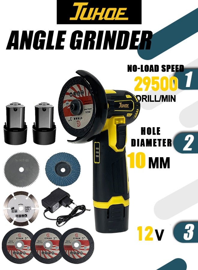 JUHOE 12V Cordless Mini Angle Grinder - 29500 RPM with 2 Batteries - Includes Cutting & Grinding Discs - Lightweight & Portable for Metal/Wood/Plastic - Image 1