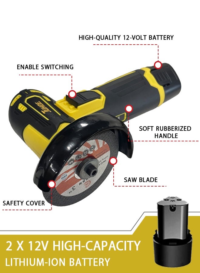 JUHOE 12V Cordless Mini Angle Grinder - 29500 RPM with 2 Batteries - Includes Cutting & Grinding Discs - Lightweight & Portable for Metal/Wood/Plastic - Image 3