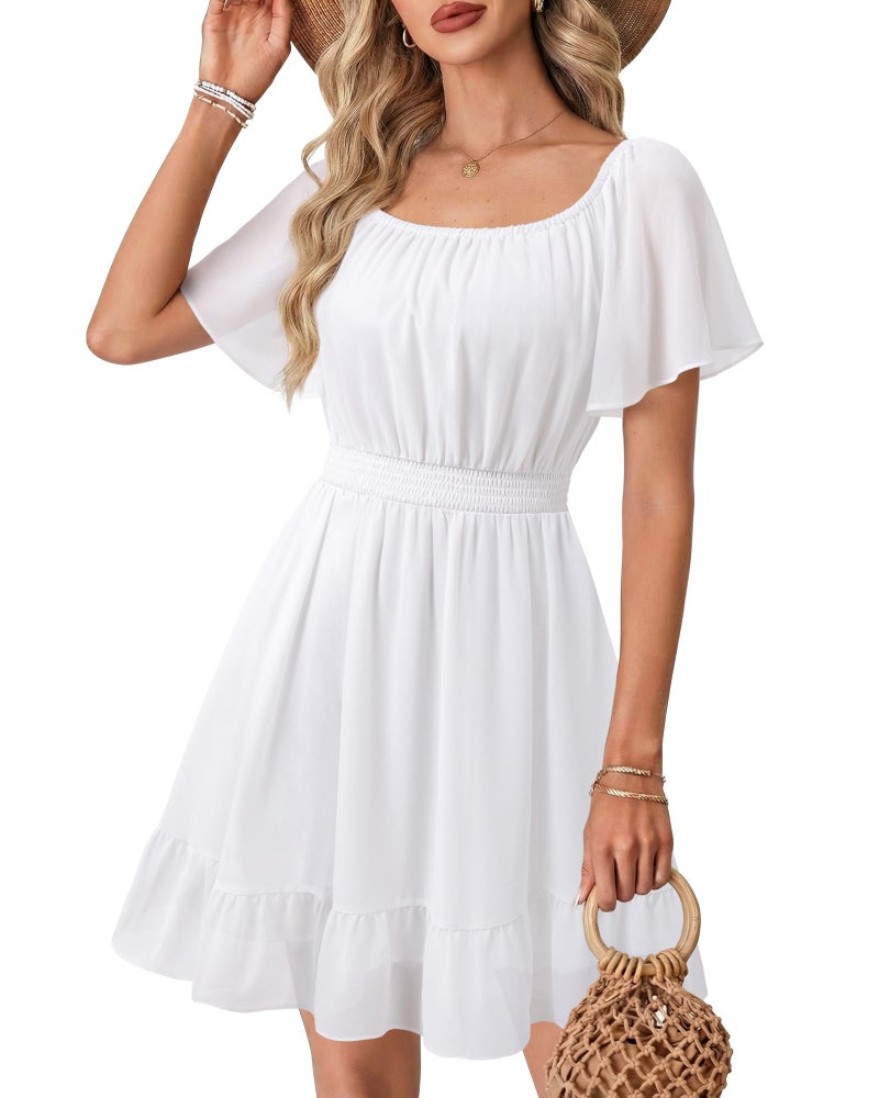 Timeson White Summer Dresses for Women: Elegant Classy Soft Flattering Short Sleeve Dress for Women Wedding Guest — Womens Dresses Casual Flowy Boho Beach Vacation Curvy Versatile Spring Clothes L - Image 1