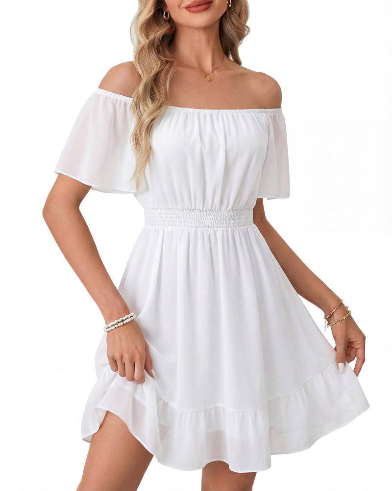 Timeson White Summer Dresses for Women: Elegant Classy Soft Flattering Short Sleeve Dress for Women Wedding Guest — Womens Dresses Casual Flowy Boho Beach Vacation Curvy Versatile Spring Clothes L - Image 2