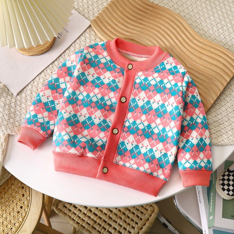 Autumn and winter childrens sweater warm coat baby thick clothes for boys and girls thick outer sweater childrens clothing wholesale WT01-pink blue grid 