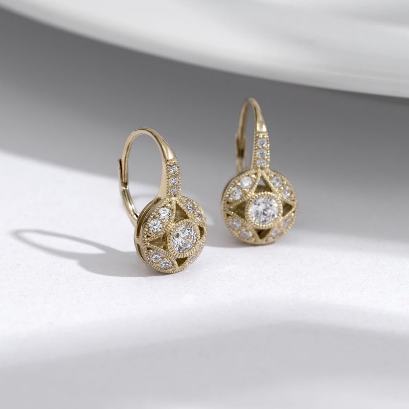 DIAMONBLISS Yellow Gold Plated Sterling Silver Cubic Zirconia 1 carat Antique Design Leverback Earrings - Image 3