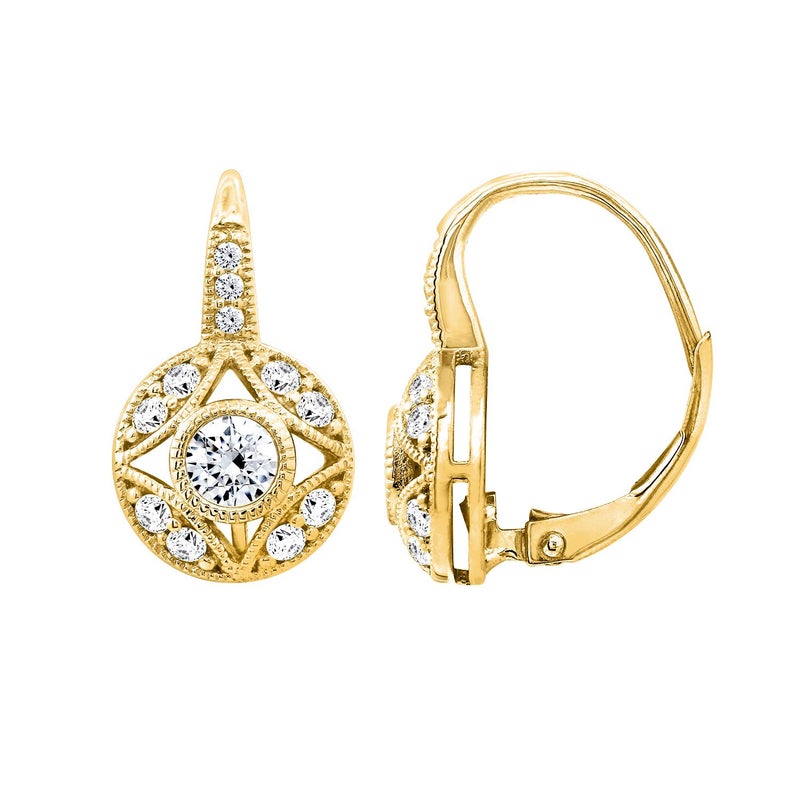 DIAMONBLISS Yellow Gold Plated Sterling Silver Cubic Zirconia 1 carat Antique Design Leverback Earrings - Image 1
