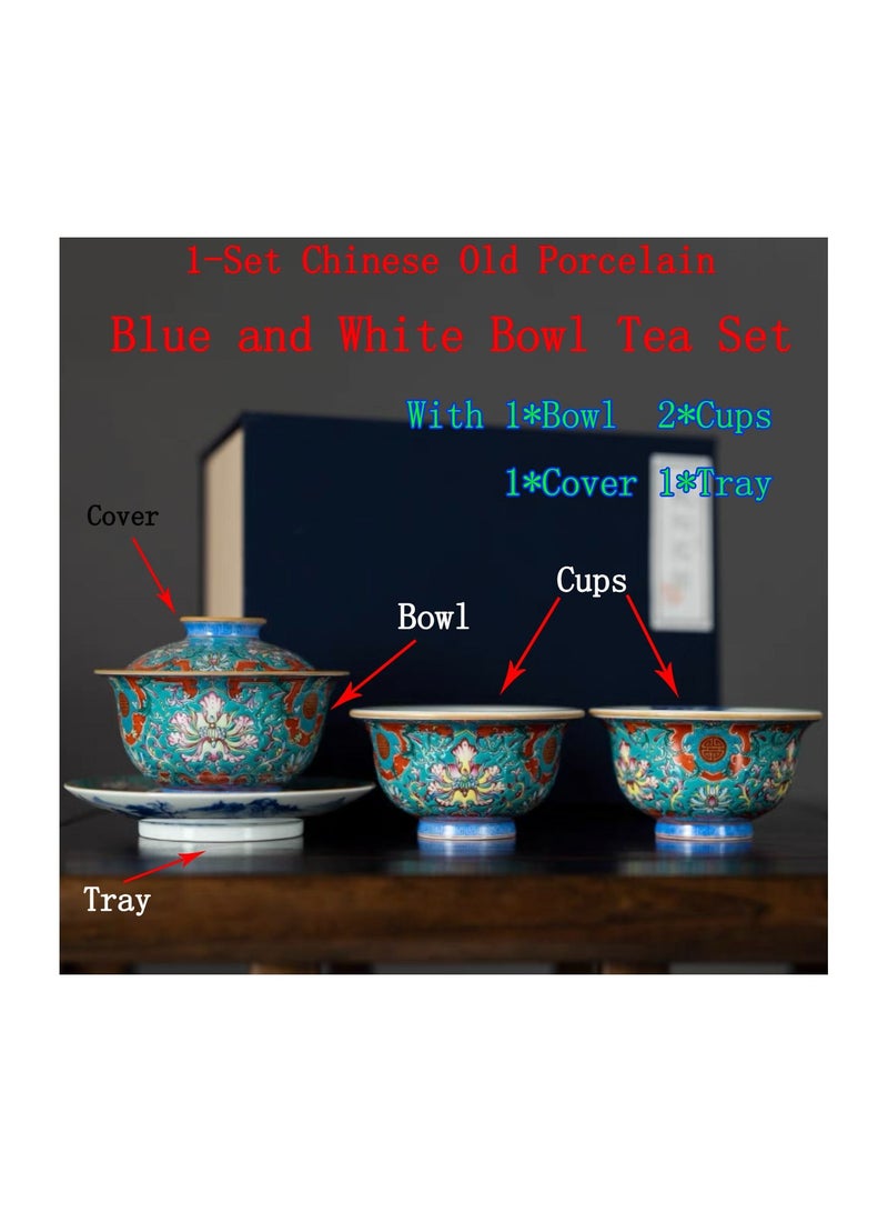 1-Set Chinese Old Porcelain Blue and White Bowl Tea Set,Chinese Tea Bowl with Cover Tray and Cups,Chinese Traditional Handicraft Ceramic Tea Set  - Image 1