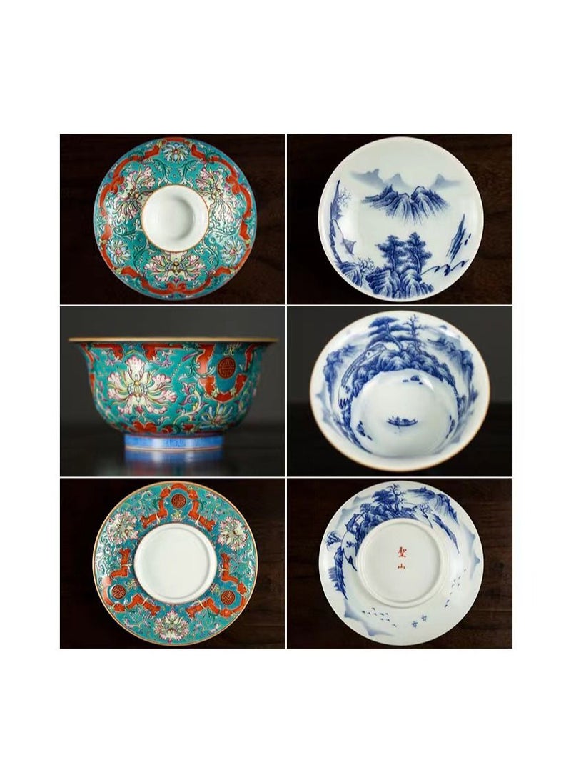 1-Set Chinese Old Porcelain Blue and White Bowl Tea Set,Chinese Tea Bowl with Cover Tray and Cups,Chinese Traditional Handicraft Ceramic Tea Set  - Image 3