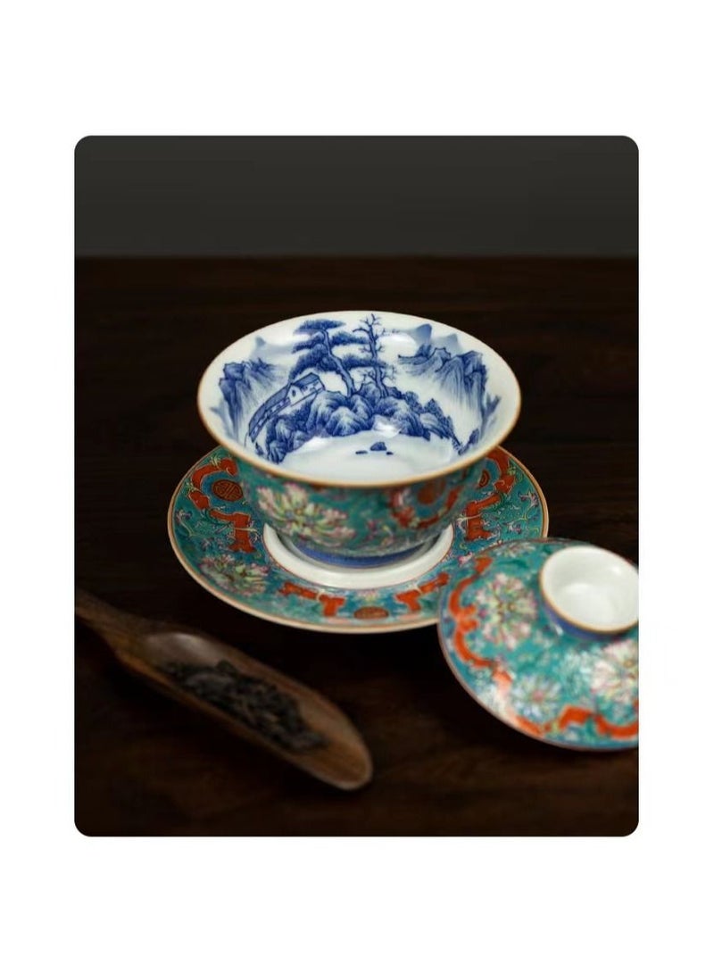 1-Set Chinese Old Porcelain Blue and White Bowl Tea Set,Chinese Tea Bowl with Cover Tray and Cups,Chinese Traditional Handicraft Ceramic Tea Set  - Image 2