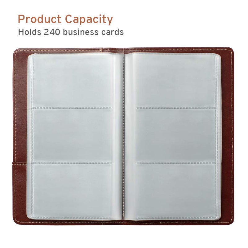 Sooez Leather Professional Business Card Book Holder Organizer, 240 Capacity Credit Card Booklet, PU Name Cards Holder Storage File for Men Women, Brown - Image 3
