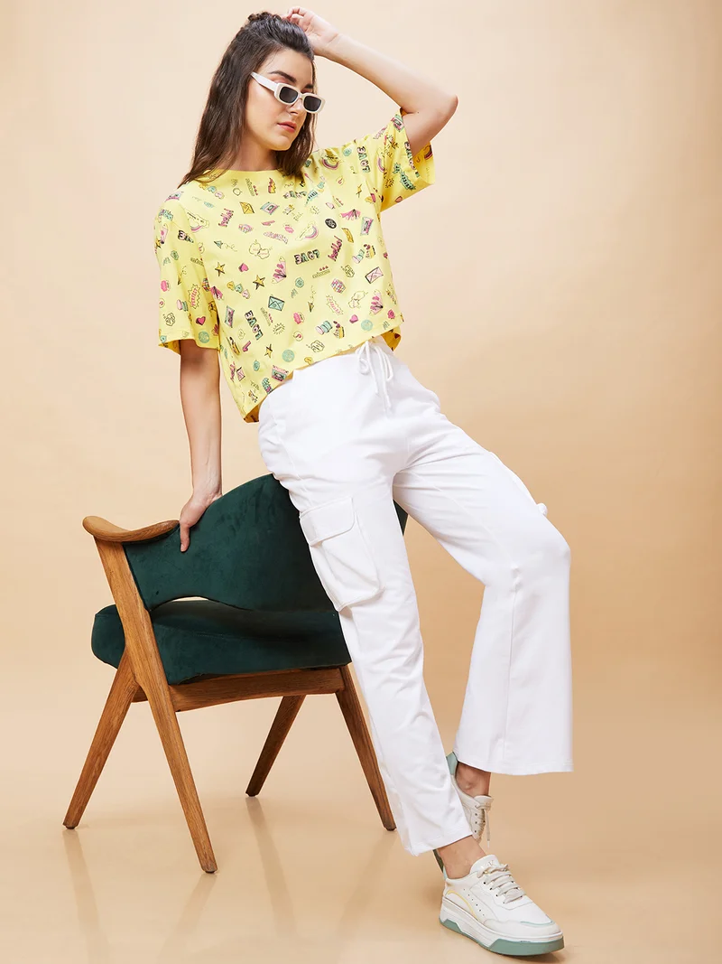 globus Women Conversational Printed Pure Cotton Crop Oversized T-Shirt