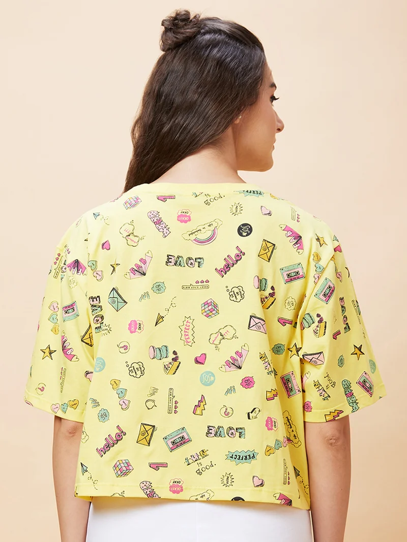 globus Women Conversational Printed Pure Cotton Crop Oversized T-Shirt
