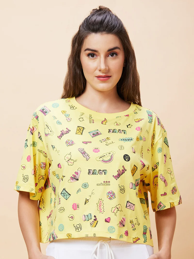 globus Women Conversational Printed Pure Cotton Crop Oversized T-Shirt