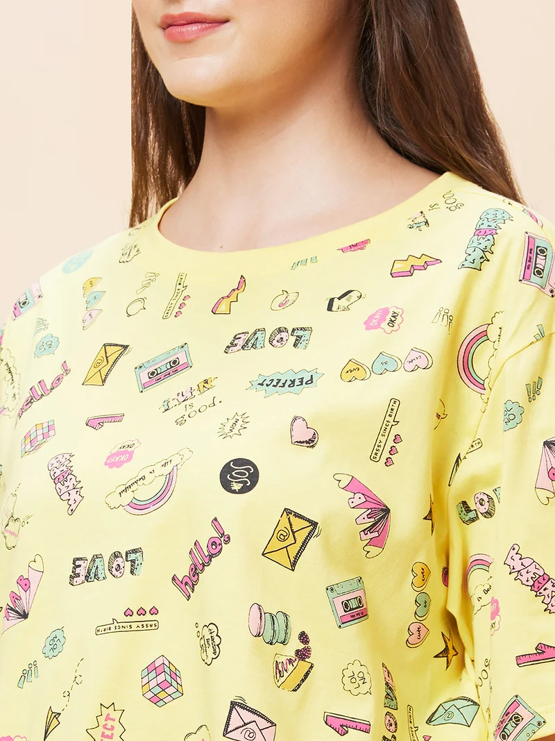 globus Women Conversational Printed Pure Cotton Crop Oversized T-Shirt