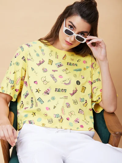 globus Women Conversational Printed Pure Cotton Crop Oversized T-Shirt
