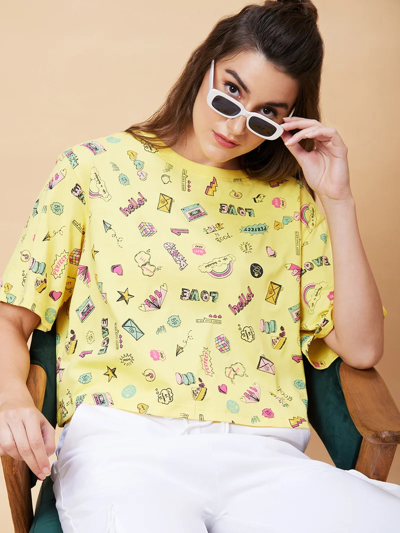 globus Women Conversational Printed Pure Cotton Crop Oversized T-Shirt