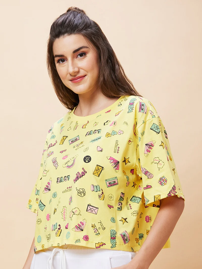 globus Women Conversational Printed Pure Cotton Crop Oversized T-Shirt
