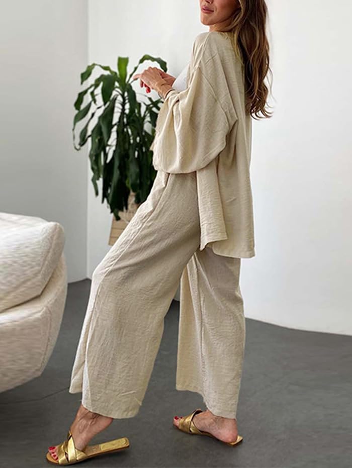 ZAFUL Womens 2 Pieces Linen Open Front Beach Cardigan Long Sleeve And Wide Leg Pants Sets - Image 3