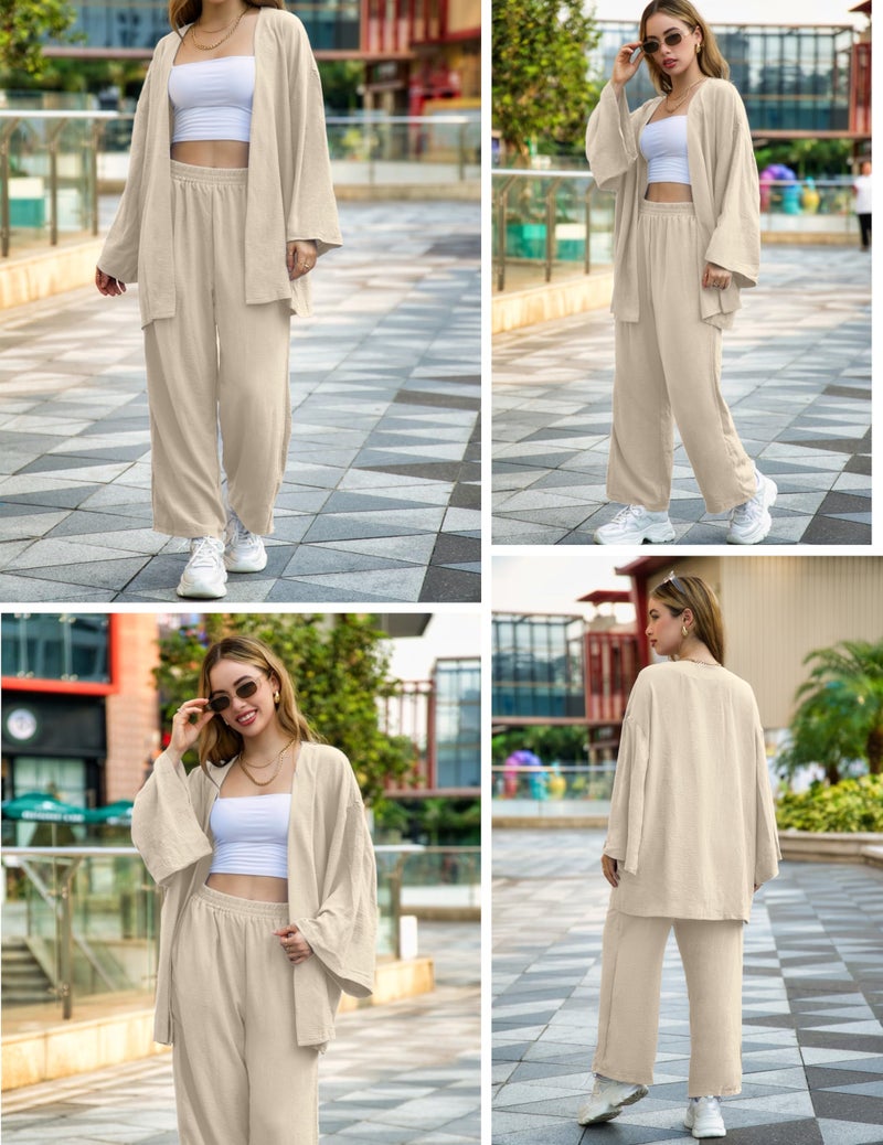 ZAFUL Womens 2 Pieces Linen Open Front Beach Cardigan Long Sleeve And Wide Leg Pants Sets - Image 5