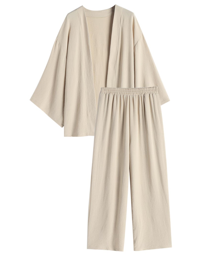 ZAFUL Womens 2 Pieces Linen Open Front Beach Cardigan Long Sleeve And Wide Leg Pants Sets - Image 1