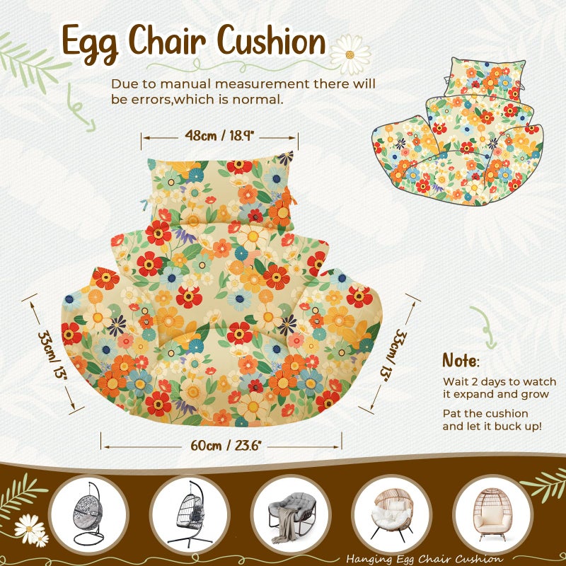 Uthem Waterproof Egg Chair Cushion Replacement 47x31.5x4.7 inch Thicken Hanging Egg Swing Chair Cushion Indoor Outdoor Wicker Rattan Hammock Basket Cushion with Headrest Pillow, Daisy - Image 2