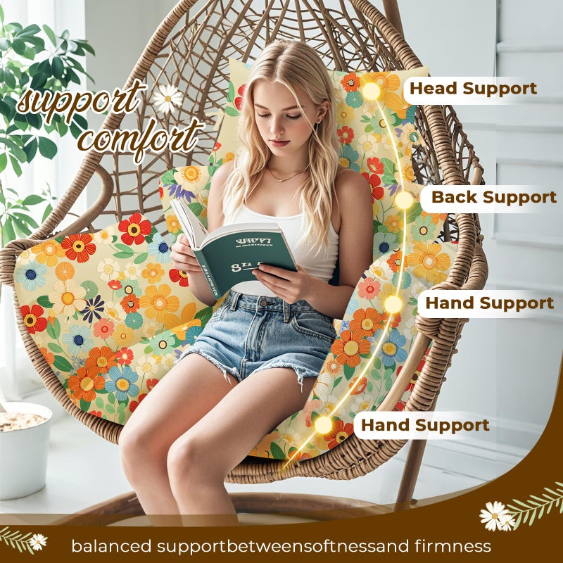 Uthem Waterproof Egg Chair Cushion Replacement 47x31.5x4.7 inch Thicken Hanging Egg Swing Chair Cushion Indoor Outdoor Wicker Rattan Hammock Basket Cushion with Headrest Pillow, Daisy - Image 3