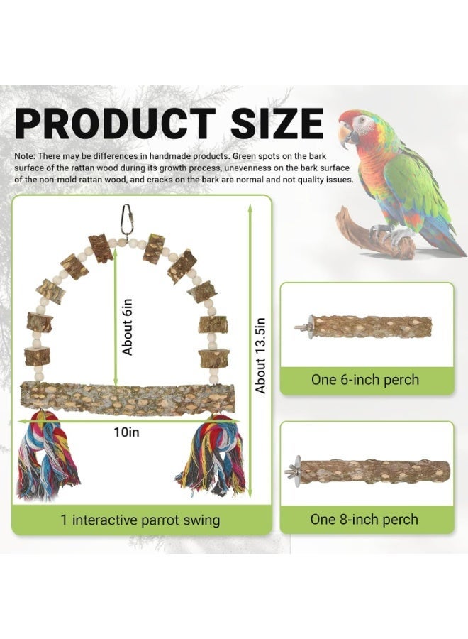 FengSVMA Wood Birds Perch Swing, 1 Pcs Natural Wood Parrot Perch Swing with 2 Pcs Perch Stands, Bird Chewing Toy, Parrot Rope Hanging Toy, Training Stand Holder for Lovebird, Cockatiel, Budgie - Image 3