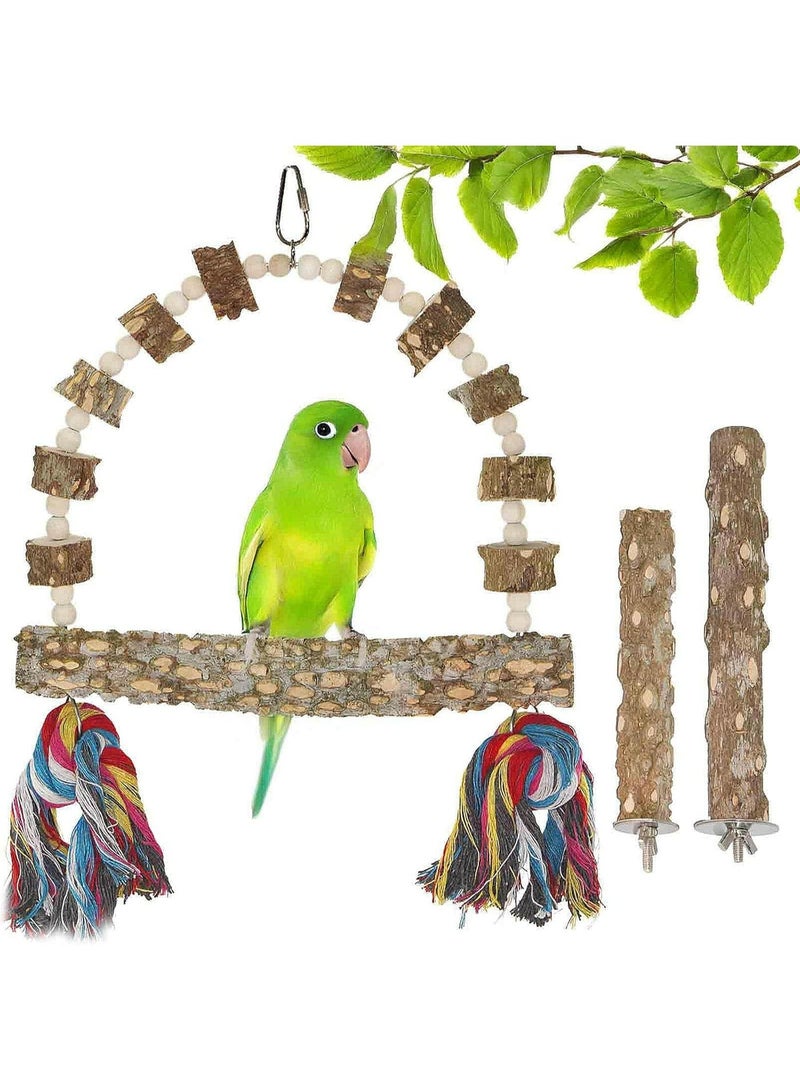 FengSVMA Wood Birds Perch Swing, 1 Pcs Natural Wood Parrot Perch Swing with 2 Pcs Perch Stands, Bird Chewing Toy, Parrot Rope Hanging Toy, Training Stand Holder for Lovebird, Cockatiel, Budgie - Image 1