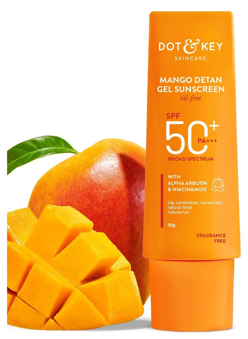 Dot & Key Mango Detan Gel Sunscreen SPF 50+ PA+++ 50g | Oil-Free, With Alpha-Arbutin & Niacinamide | Controls Tanning, Brightens Skin, Ultra-light | Fades Dark Spots, Evens Tone, Water Resistant | All Skin Types - Image 1
