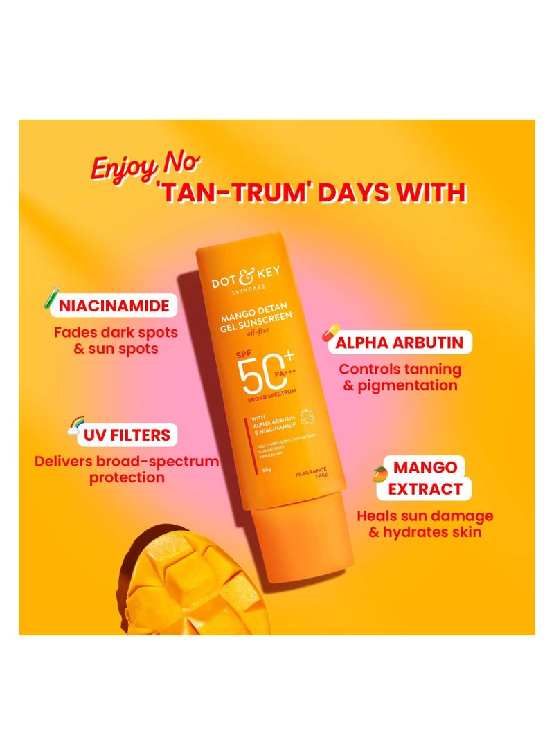Dot & Key Mango Detan Gel Sunscreen SPF 50+ PA+++ 50g | Oil-Free, With Alpha-Arbutin & Niacinamide | Controls Tanning, Brightens Skin, Ultra-light | Fades Dark Spots, Evens Tone, Water Resistant | All Skin Types - Image 3