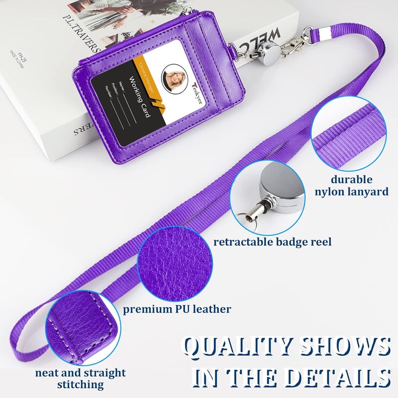 Teskyer Leather Badge Holder with Lanyard and Retractable Badge Reel, 4 Card Slots ID Card Holder with 1 Zipper Pocket for Office School Name Work IDs, Purple - Image 3