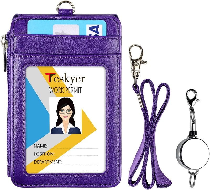 Teskyer Leather Badge Holder with Lanyard and Retractable Badge Reel, 4 Card Slots ID Card Holder with 1 Zipper Pocket for Office School Name Work IDs, Purple - Image 2