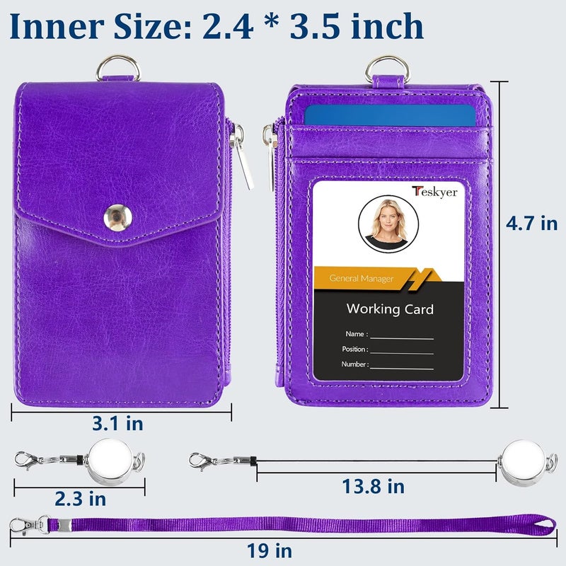 Teskyer Leather Badge Holder with Lanyard and Retractable Badge Reel, 4 Card Slots ID Card Holder with 1 Zipper Pocket for Office School Name Work IDs, Purple - Image 5