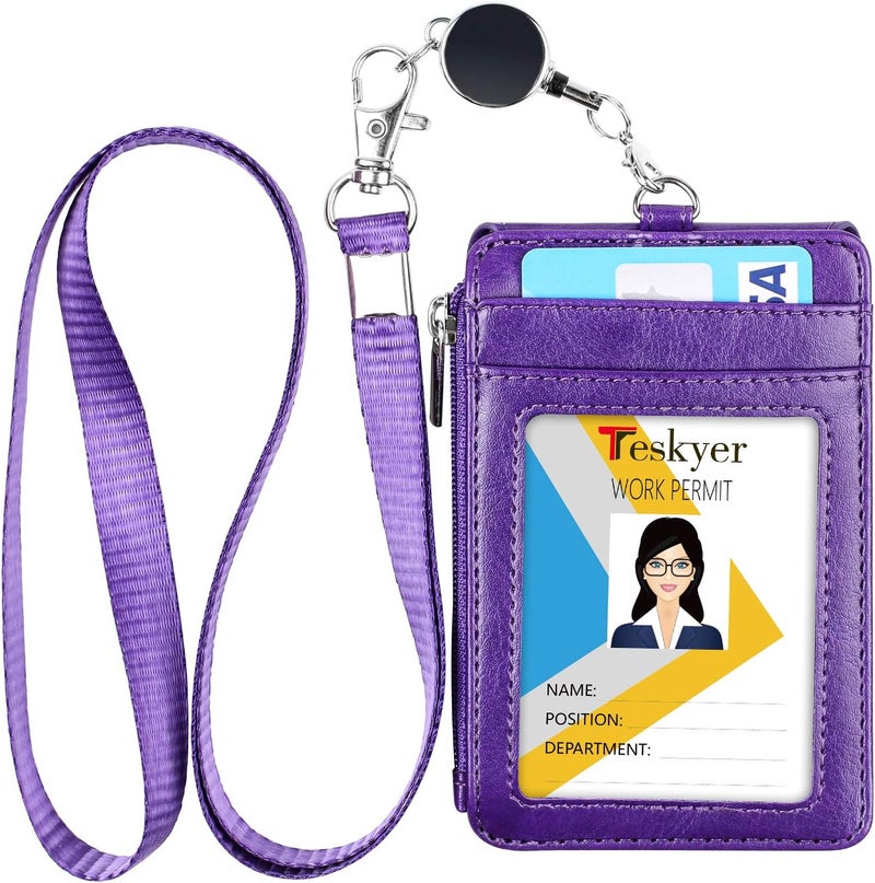 Teskyer Leather Badge Holder with Lanyard and Retractable Badge Reel, 4 Card Slots ID Card Holder with 1 Zipper Pocket for Office School Name Work IDs, Purple - Image 1