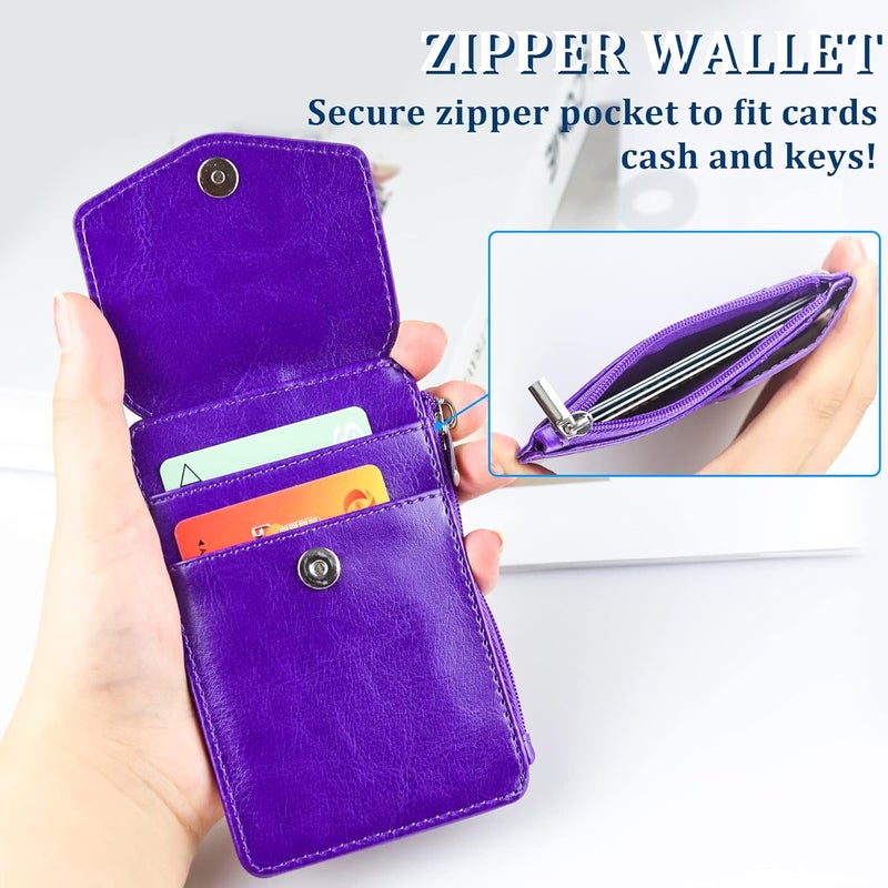 Teskyer Leather Badge Holder with Lanyard and Retractable Badge Reel, 4 Card Slots ID Card Holder with 1 Zipper Pocket for Office School Name Work IDs, Purple - Image 4