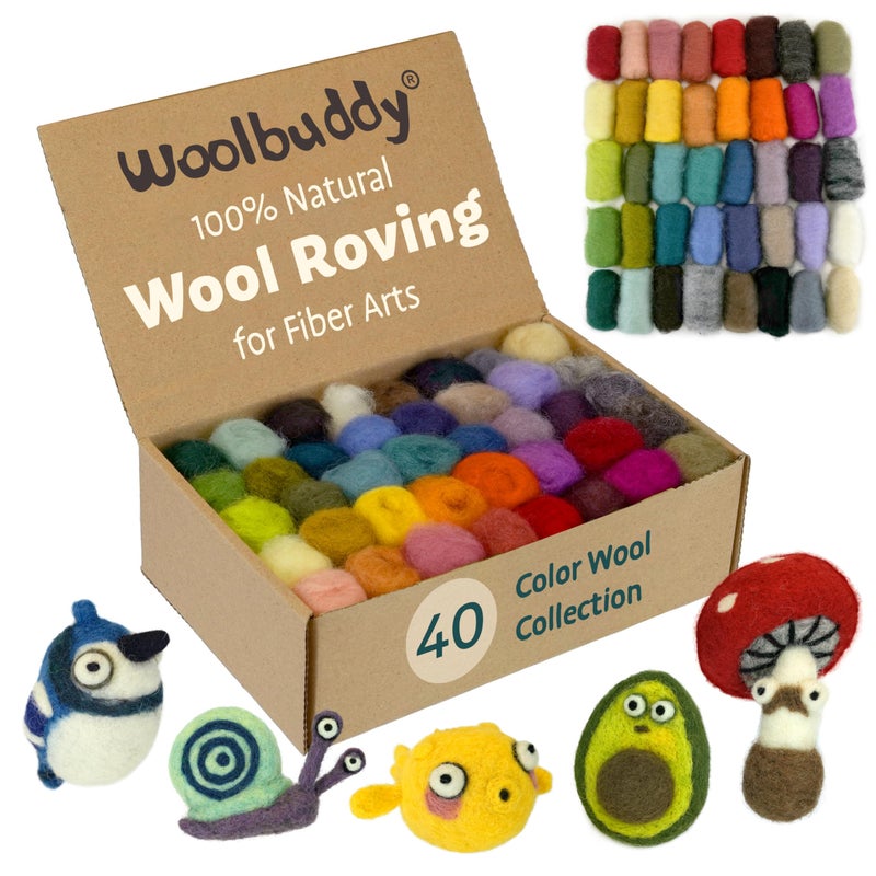 Woolbuddy Wool Roving Kit - 40 Vibrant Corriedale Wool Colors for Wet & Dry Felting â€“ Soft, Carded Core Wool for Beginners & Artists â€“ Premium Felting Supplies - Image 1