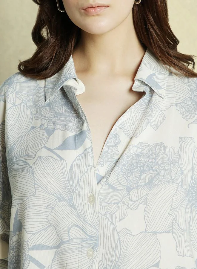 Dennis Lingo Light Blue Rayon Printed Pattern Oversized FiT-Shirts For Women Full Sleeves Regular Length Upper