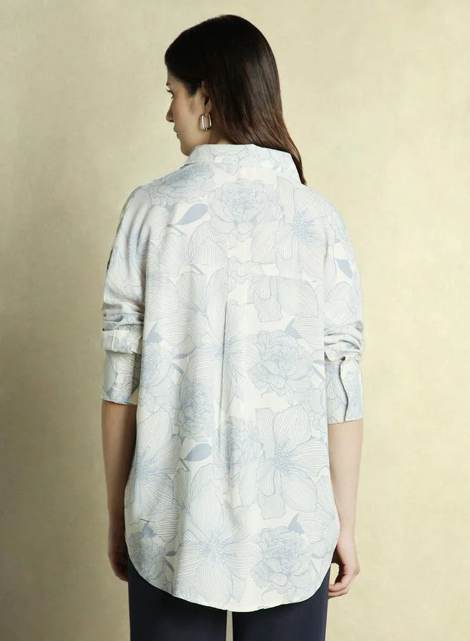 Dennis Lingo Light Blue Rayon Printed Pattern Oversized FiT-Shirts For Women Full Sleeves Regular Length Upper
