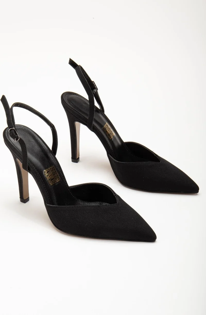 Dilimler Ayakkabı Slices Shoes V Faced Satin Heel Helmet Black Women's Thin Heeled Shoes