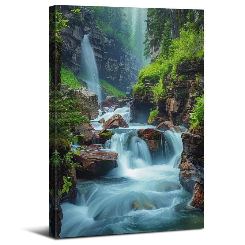 AREBOLO Waterfall Canvas Wall Art Nature Forest Pictures Zen Wall Decor Bathroom Decor Virginia Falls Landscape Poster Prints Tropical Mountain Scenery Painting Artwork Spa Living Room Home Decorations 12x16â€ - Image 1