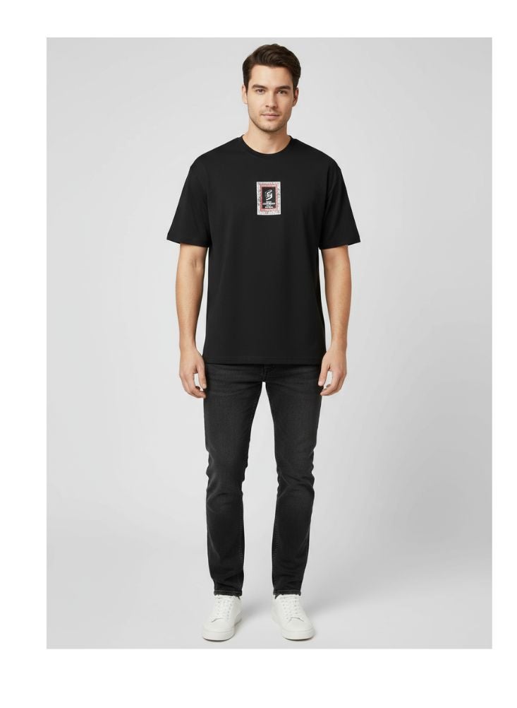 Premium Black T-Shirt with Red and White Patch – Modern Fit Casual Wear - Image 2