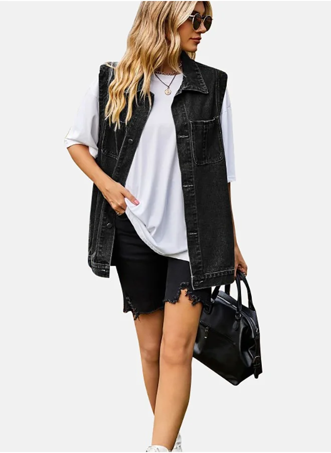 YUNIQEE Black Collared Sleeveless Denim Jacket