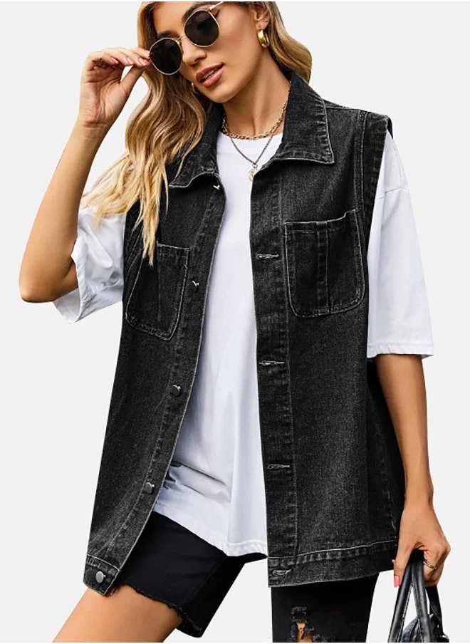 YUNIQEE Black Collared Sleeveless Denim Jacket