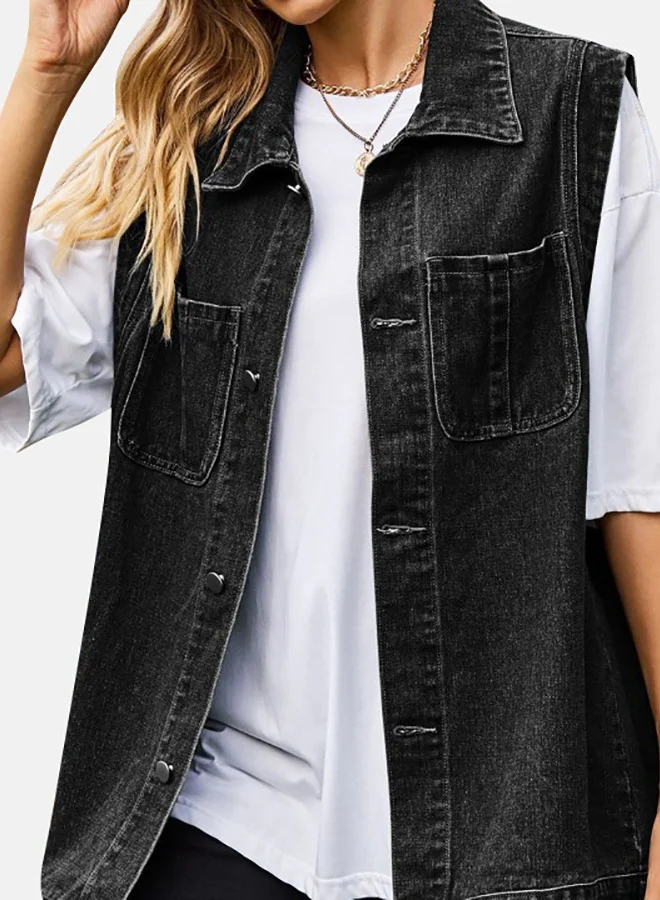 يونيكي Black Collared Sleeveless Denim Jacket