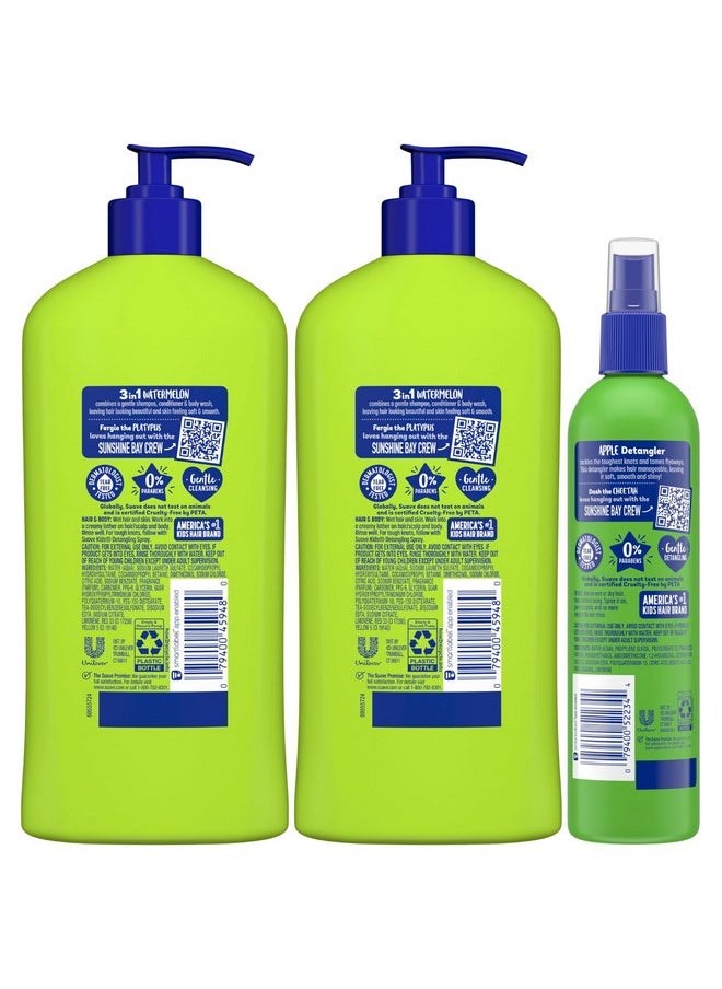 Suave - Suave Kids Shampoo & Conditioner 3-in-1, Watermelon Wonder 2-Pack + Detangler Spray for Kids, Silly Apple, Dermatologist-Tested & Tear Free - Image 1