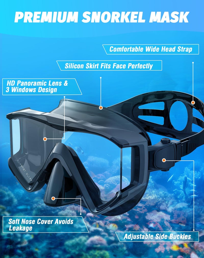 Greatever Snorkel Set Pano 3 Window Snorkel Mask Adult, Panoramic Wide View, Anti-Fog Scuba Diving Mask, Anti-Leak Snorkel Goggles Dry Top Snorkel, Professional Snorkeling Gear for Adults - Image 4