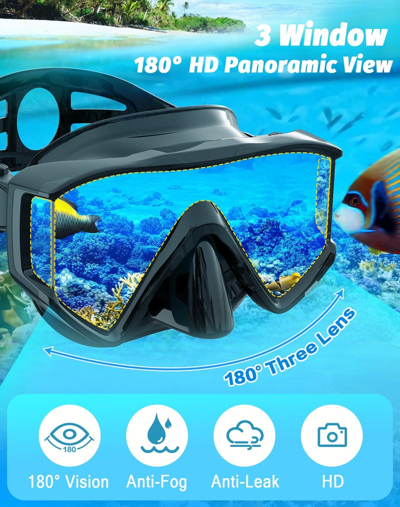 Greatever Snorkel Set Pano 3 Window Snorkel Mask Adult, Panoramic Wide View, Anti-Fog Scuba Diving Mask, Anti-Leak Snorkel Goggles Dry Top Snorkel, Professional Snorkeling Gear for Adults - Image 2