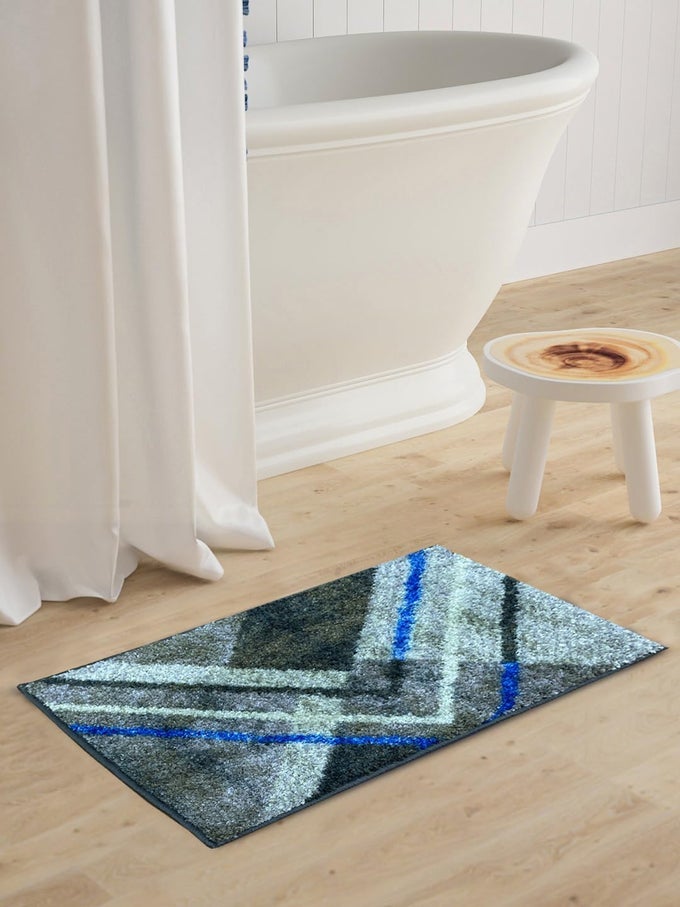 SUPER SOFT DESIGNER ANTI SLIP BATH MAT -1PC LARGE (SPA) | BATH RUG, FLOOR MAT, SUITABLE FOR BATHROOM | WITH SUPER WATER ABSORBENCY & QUICK DRY TECHNOLOGY GEOMETRIC-GREY/BLUE
