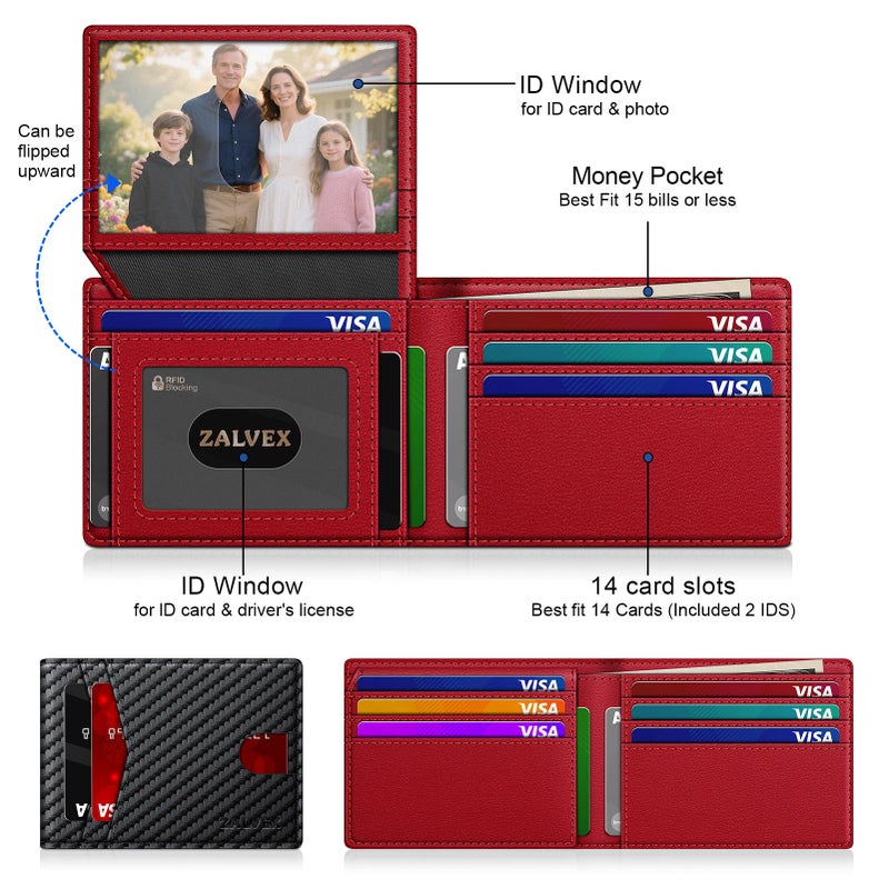 ZALVEX Wallet for Men Slim RFID Blocking Leather Credit Card Holder Wallet for 14 Cards, Bifold Minimalist Thin Wallet with 2 ID Windows & Cash Slot, Front Pockt Carteras Para Hombres, Birthday Gifts for Men - Image 2